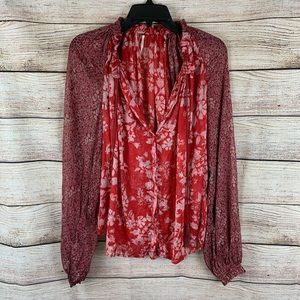 Free People Patterned Red BOHO Blouse Size M